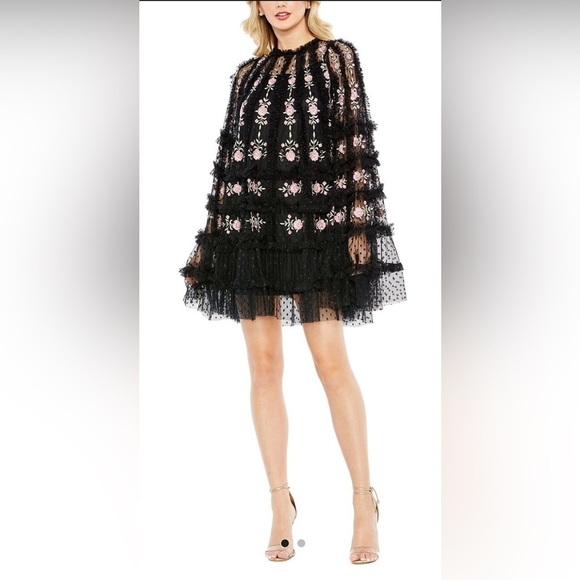 Mac Duggal Dresses & Skirts - Mac Duggal 8031 NWT Embroidered Long Flare Sleeve Mesh A-Line Dress